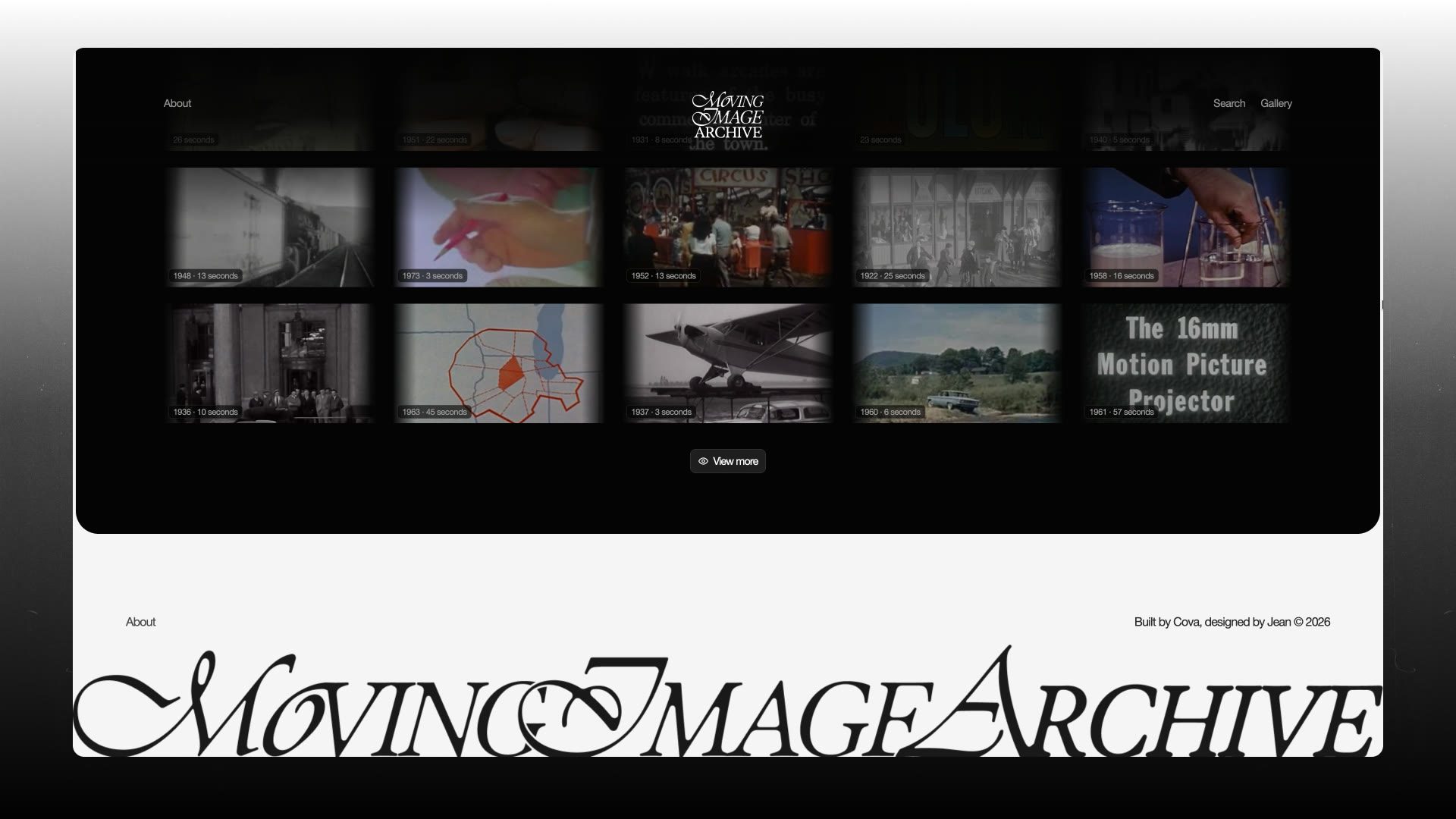 The archive gallery: rows of film stills from 1922 to 1973, each stamped with its year and running time