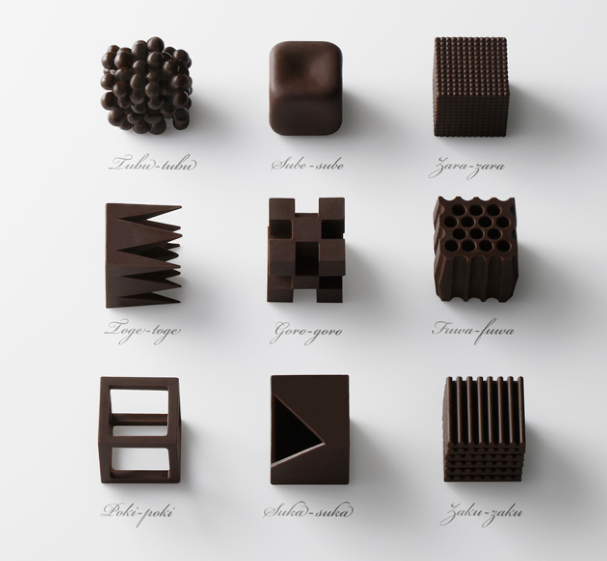 Chocolatexture by Nendo: nine chocolates, each a different texture