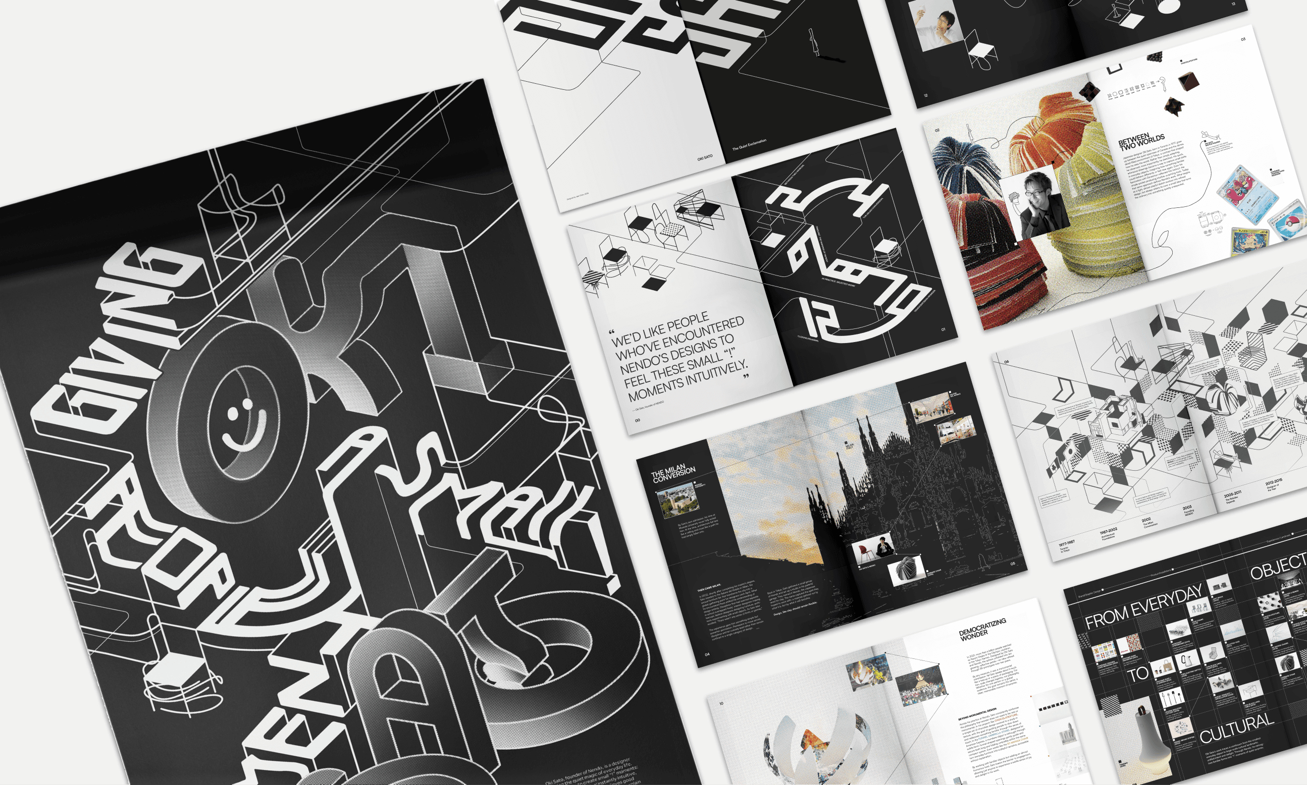 The Oki Sato poster laid over spreads from the booklet