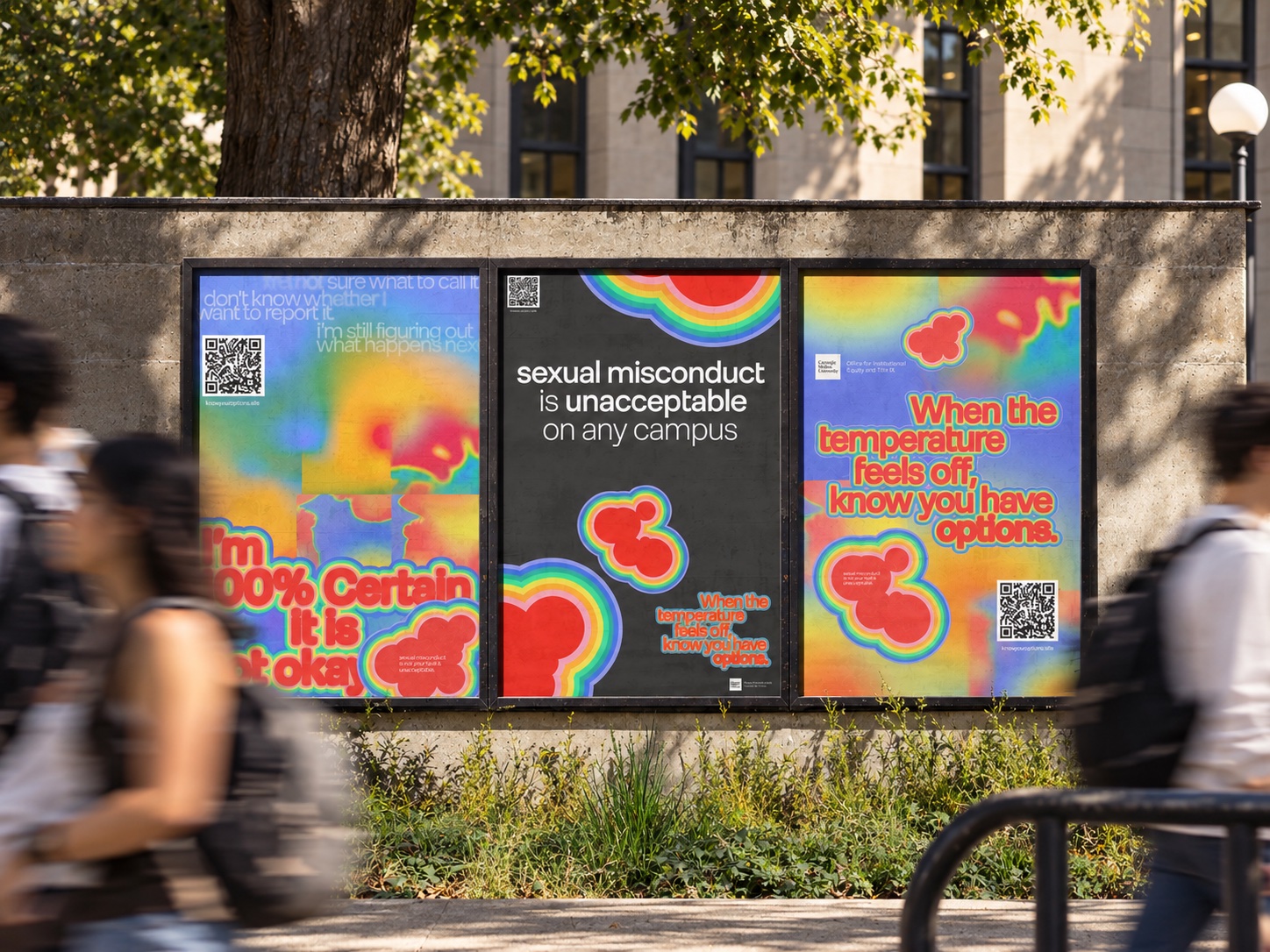 Three campaign posters on a campus wall: "I'm 100% certain it is not okay", "sexual misconduct is unacceptable on any campus", and the temperature headline