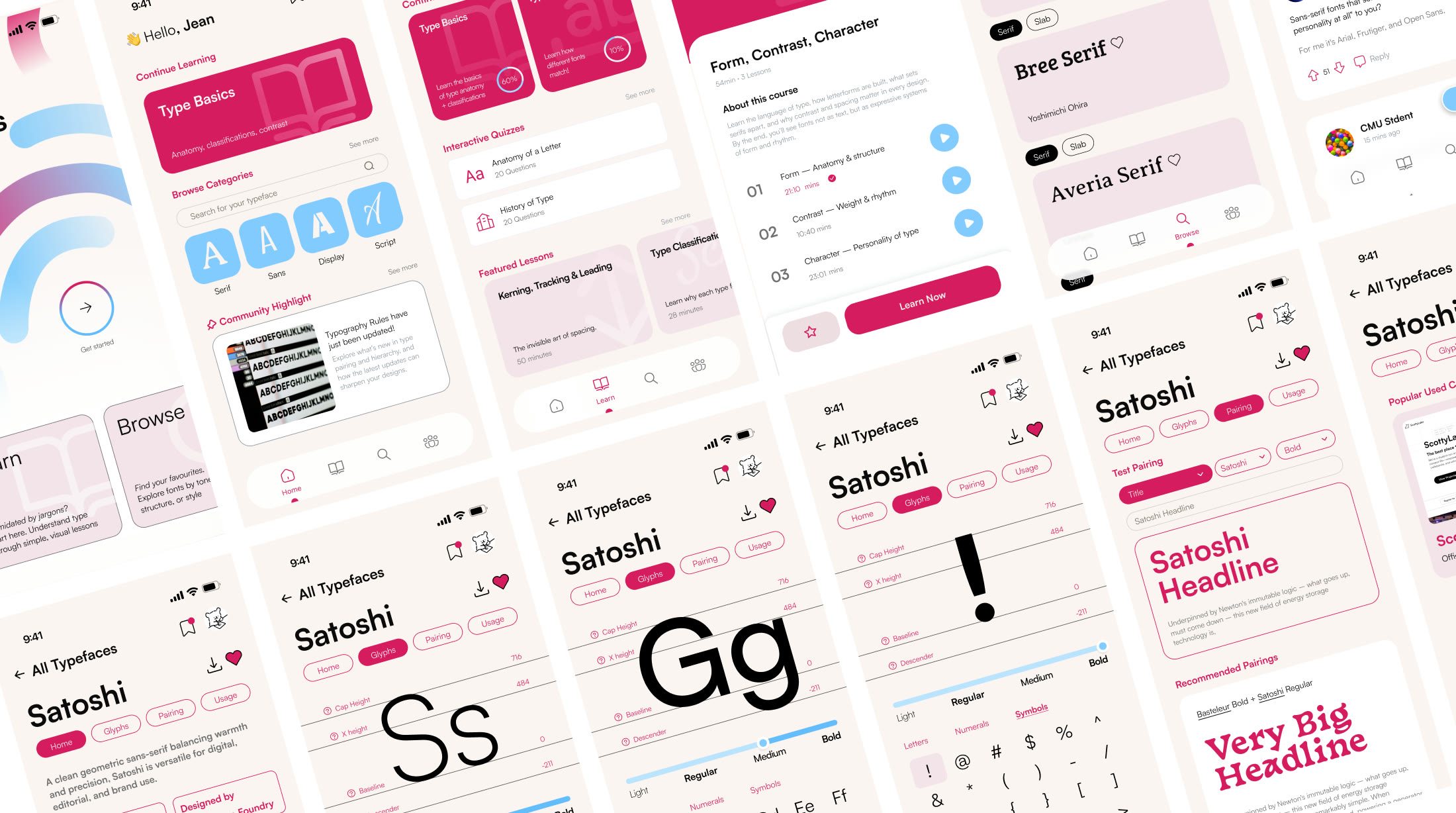 Typistry screens laid out on a tilted grid: the home and browse categories, interactive quizzes and featured lessons, the Form, Contrast, Character course, typeface browsing, the Satoshi glyph sheet, and pairing