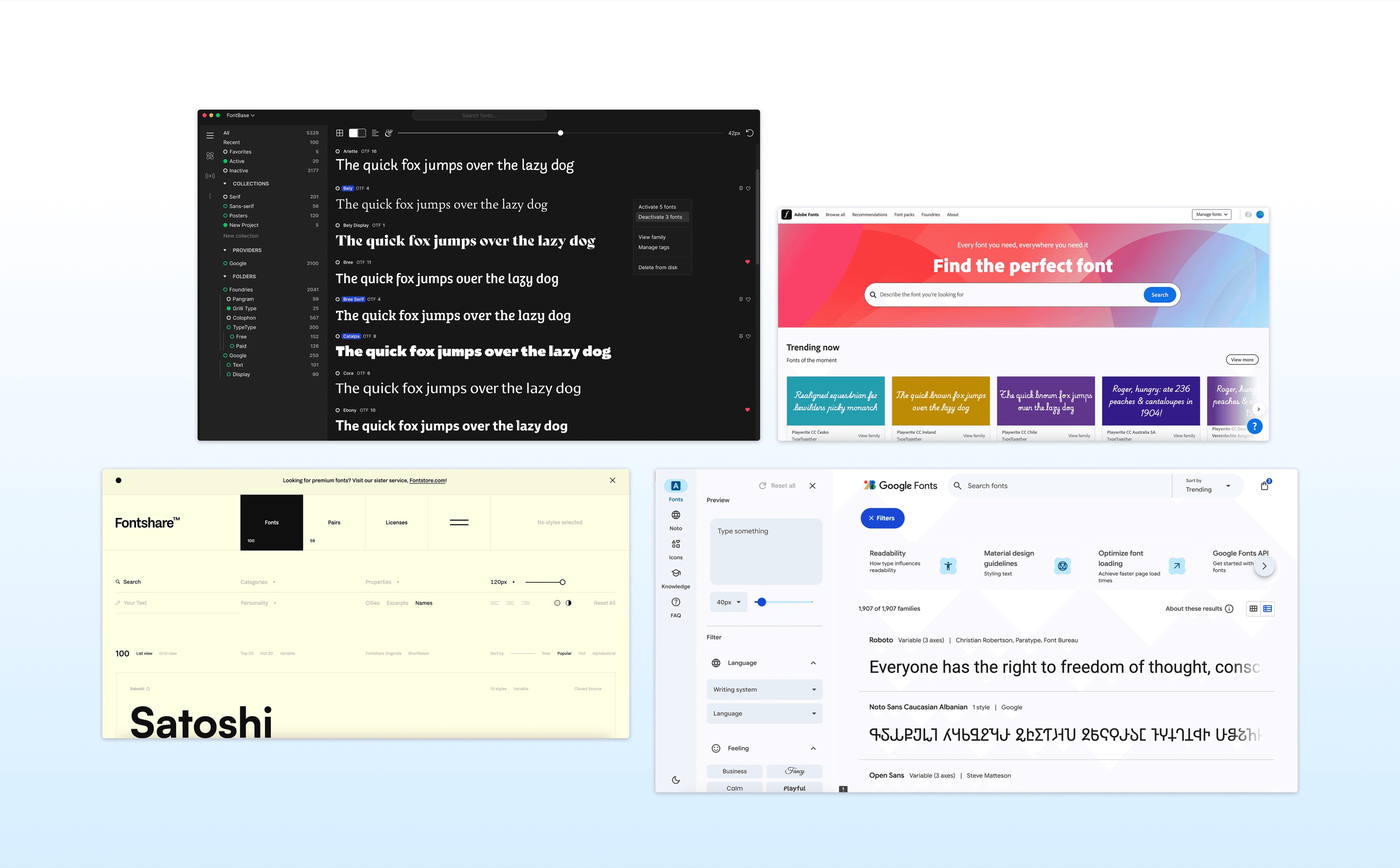 Existing type tools: FontBase, Adobe Fonts, Fontshare and Google Fonts